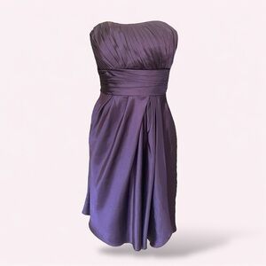 Bill Levkoff purple satin strapless short cocktail bridesmaid dress.